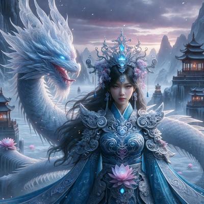 The primary subject of the image is a woman dressed in a blue and white costume, standing in front of a dragon. The setting is a snowy mountain landscape, with a castle visible in the background. The visual style is digital art, and the colors and mood are cold and serene.
